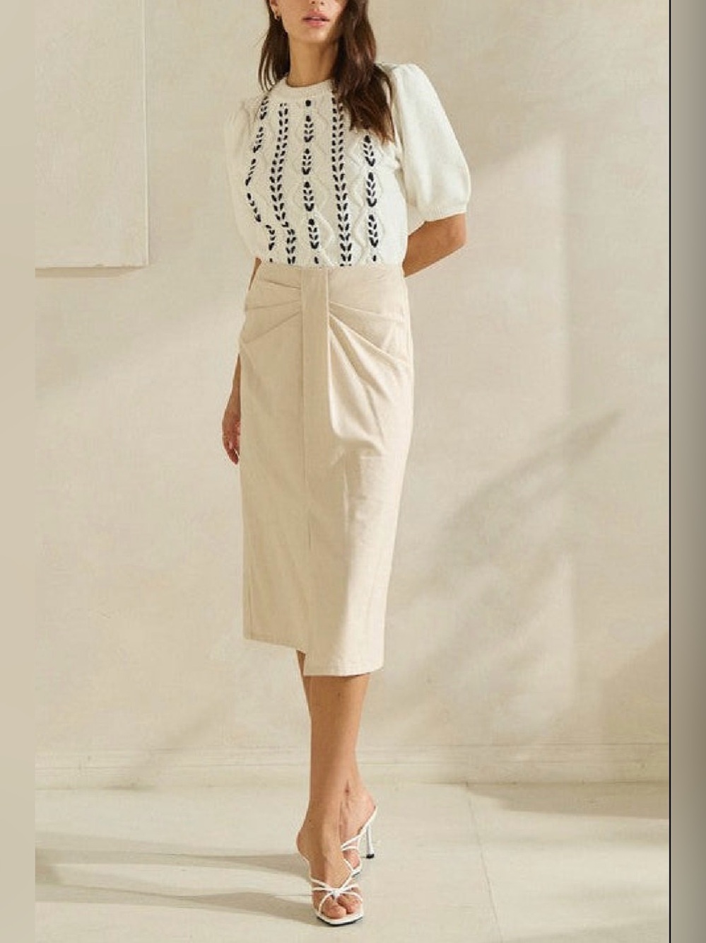Cream Midi Pencil Skirt with Front Slit